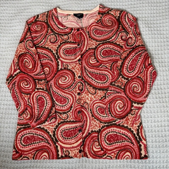 Talbots 100% Merino Wool Cardigan Sweater Womens Petite Medium Brown Red Paisley - Picture 1 of 8
